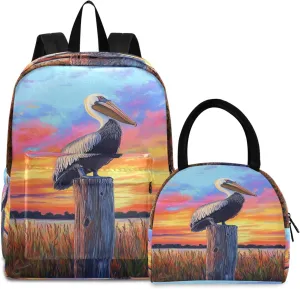 MCHIVER Pelicans Grassland Orange School Backpacks for Boys & Girls Light Weight Bookbag set with Lunch Box Rucksack for Middle Elementary School 2 Pcs