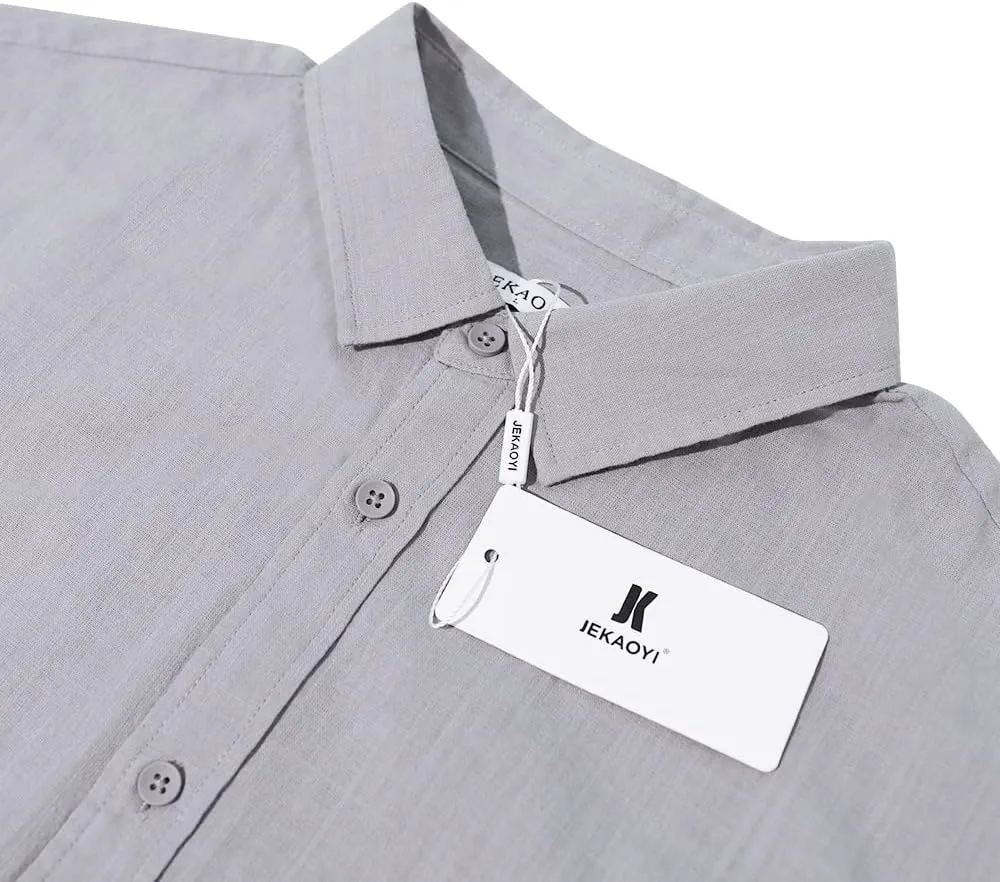 Mens Casual Long Sleeve Cotton Linen Shirts Buttons Down Solid Plain Roll-Up Sleeve Summer Beach Shirts