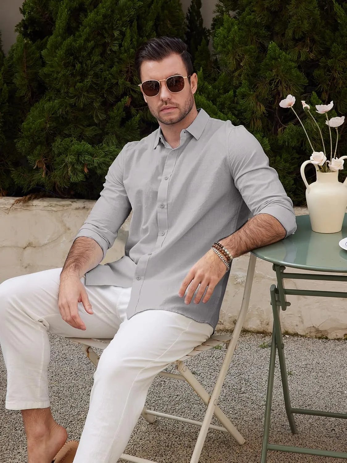 Mens Casual Long Sleeve Cotton Linen Shirts Buttons Down Solid Plain Roll-Up Sleeve Summer Beach Shirts