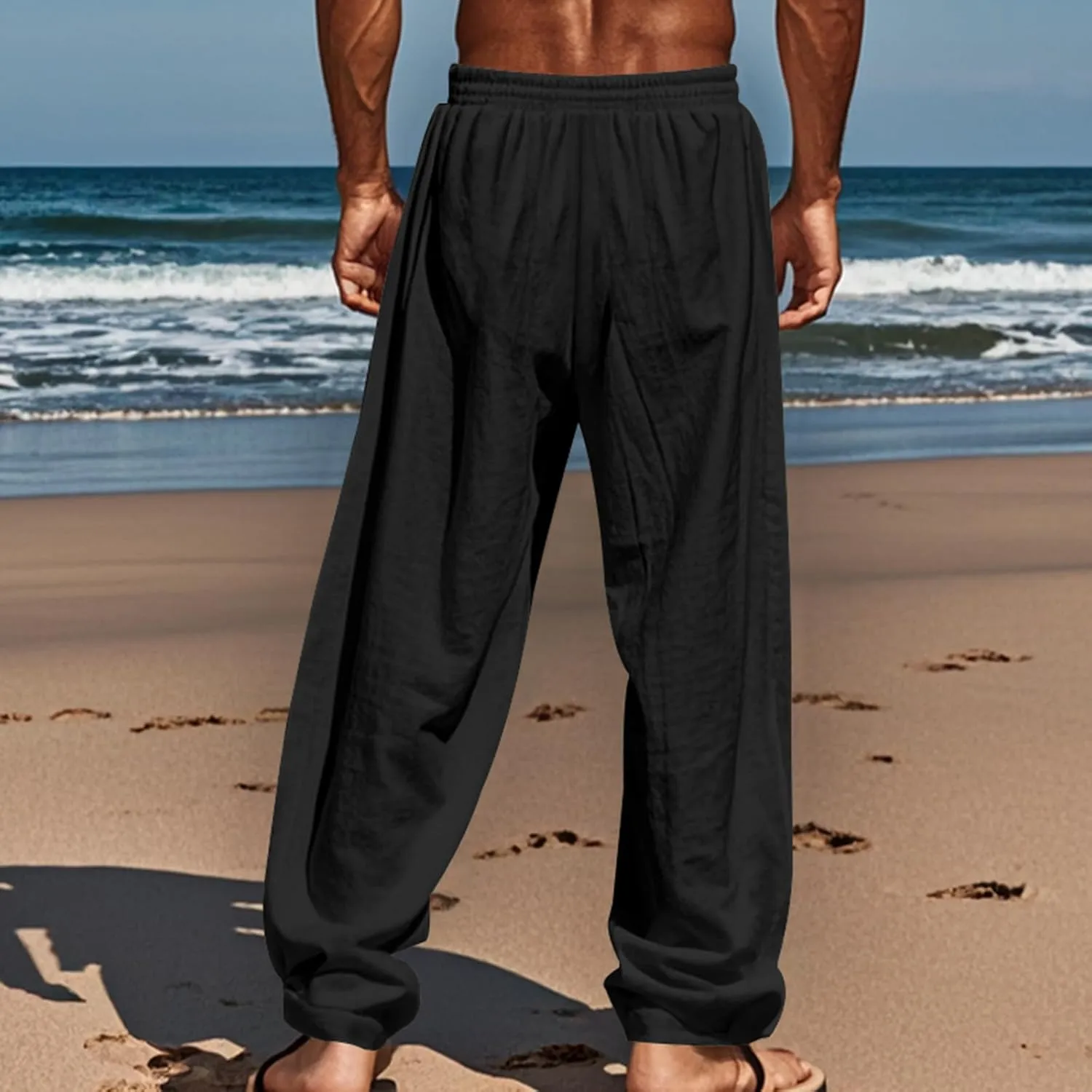 Mens Linen Pants Yoga Beach Loose Fit Casual Summer Elastic Waist Drawstring Baggy Trousers with Pockets