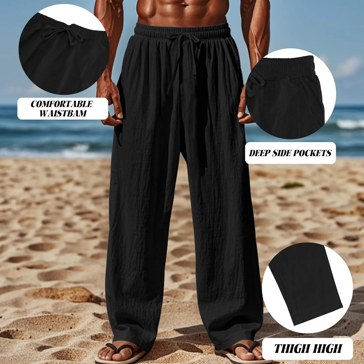 Mens Linen Pants Yoga Beach Loose Fit Casual Summer Elastic Waist Drawstring Baggy Trousers with Pockets