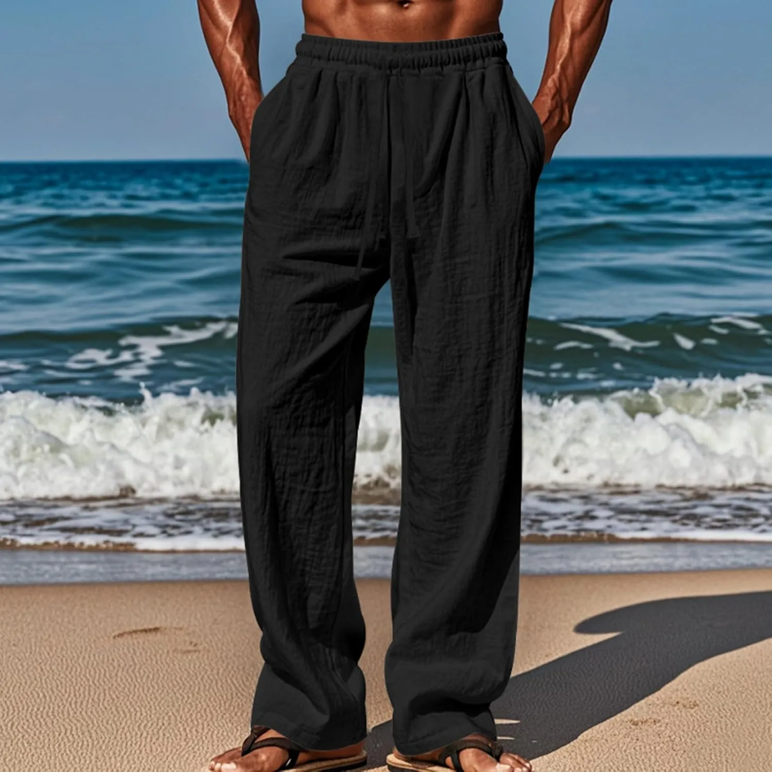 Mens Linen Pants Yoga Beach Loose Fit Casual Summer Elastic Waist Drawstring Baggy Trousers with Pockets