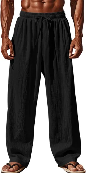 Mens Linen Pants Yoga Beach Loose Fit Casual Summer Elastic Waist Drawstring Baggy Trousers with Pockets