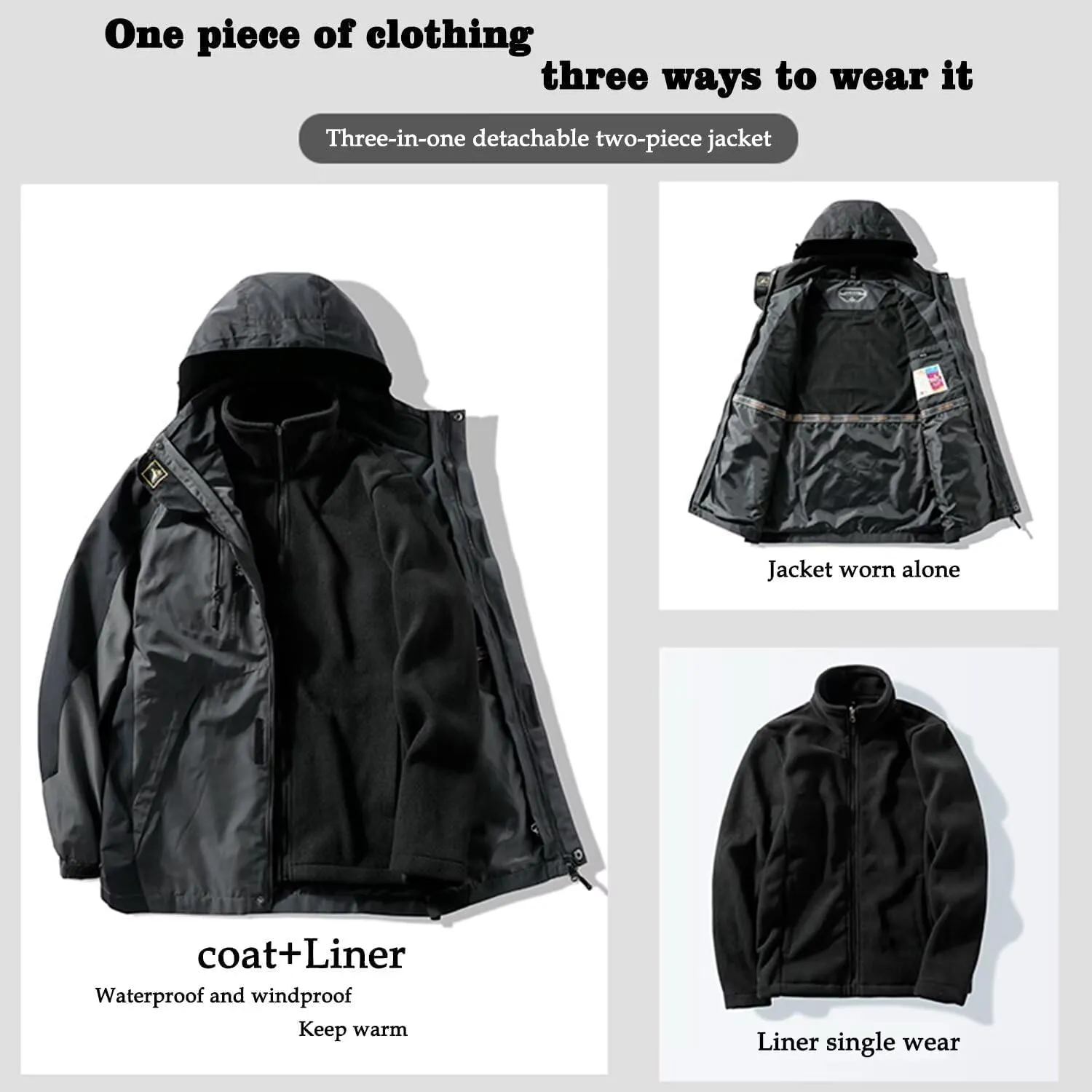 Men's Waterproof Jacket Warm Winter Snow Liner Jacket Mountaineering Windbreaker Removable Hood Raincoat