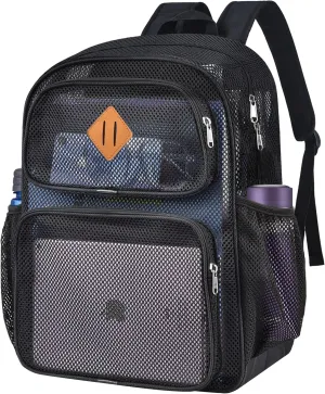 Mesh Backpack Heavy Duty See Through Mesh Bookbag for Adults Boys Girls 27L Large Capacity for School Beach Outdoor Hiking with Padded Strap(Black)