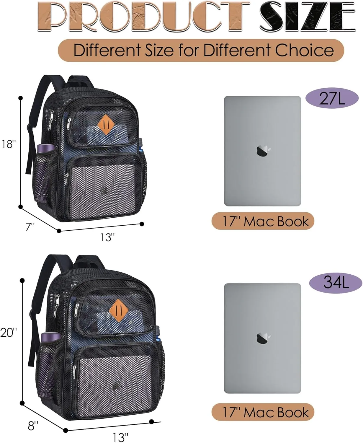 Mesh Backpack Heavy Duty See Through Mesh Bookbag for Adults Boys Girls 27L Large Capacity for School Beach Outdoor Hiking with Padded Strap(Black)
