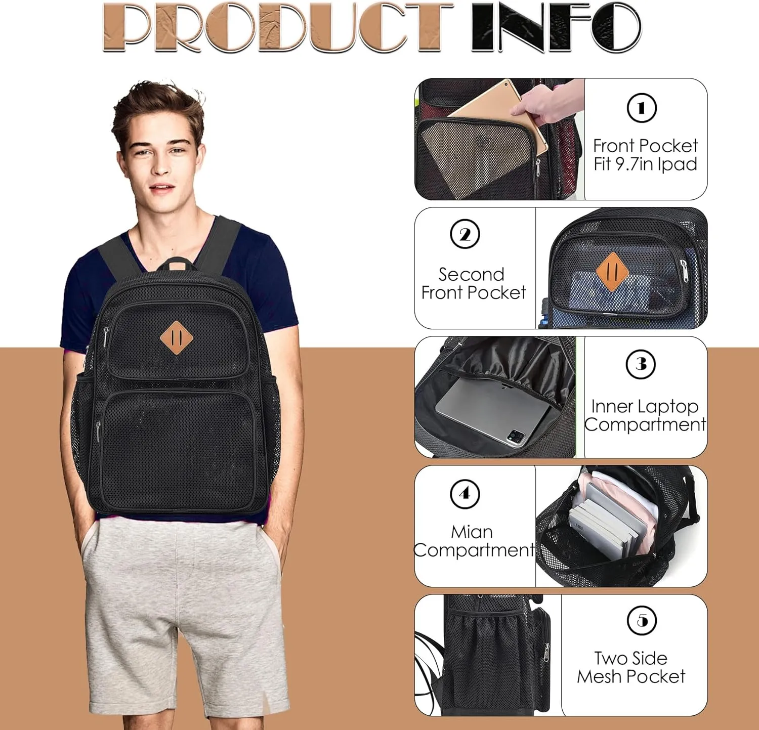 Mesh Backpack Heavy Duty See Through Mesh Bookbag for Adults Boys Girls 27L Large Capacity for School Beach Outdoor Hiking with Padded Strap(Black)