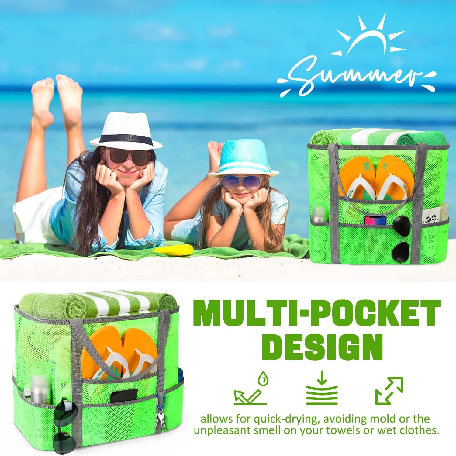 Mesh Beach Bag, Large Beach Bag Swimming Bag Foldable Mesh Tote for Your Family Beach Trip