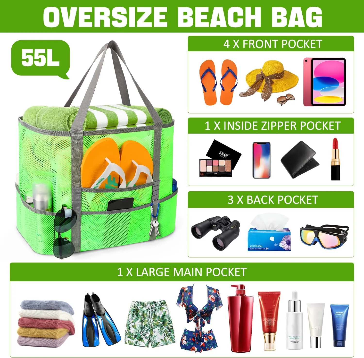 Mesh Beach Bag, Large Beach Bag Swimming Bag Foldable Mesh Tote for Your Family Beach Trip