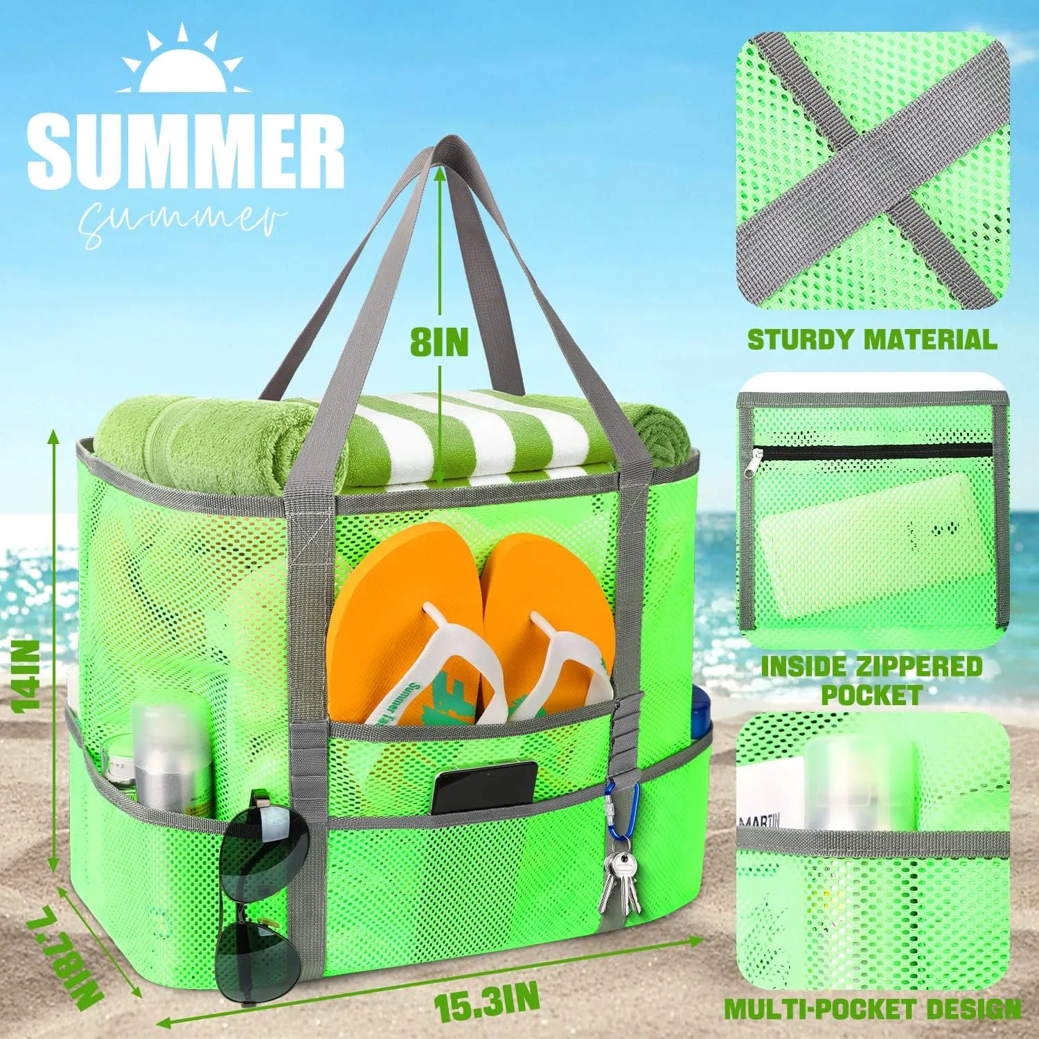 Mesh Beach Bag, Large Beach Bag Swimming Bag Foldable Mesh Tote for Your Family Beach Trip