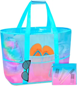 Mesh Beach Bag - Large Beach Tote Bag Women Pool Bags with Zipper 10 Pockets Foldable Beach Toy Bag for Towel, Flip Flops