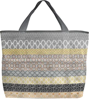 Mesh Beach Bag Oversized Tote Bags Boho Ethnic Yellow Gray Geometric Stripes Large Travel Pool Bags Tote Bags 8 Pockets