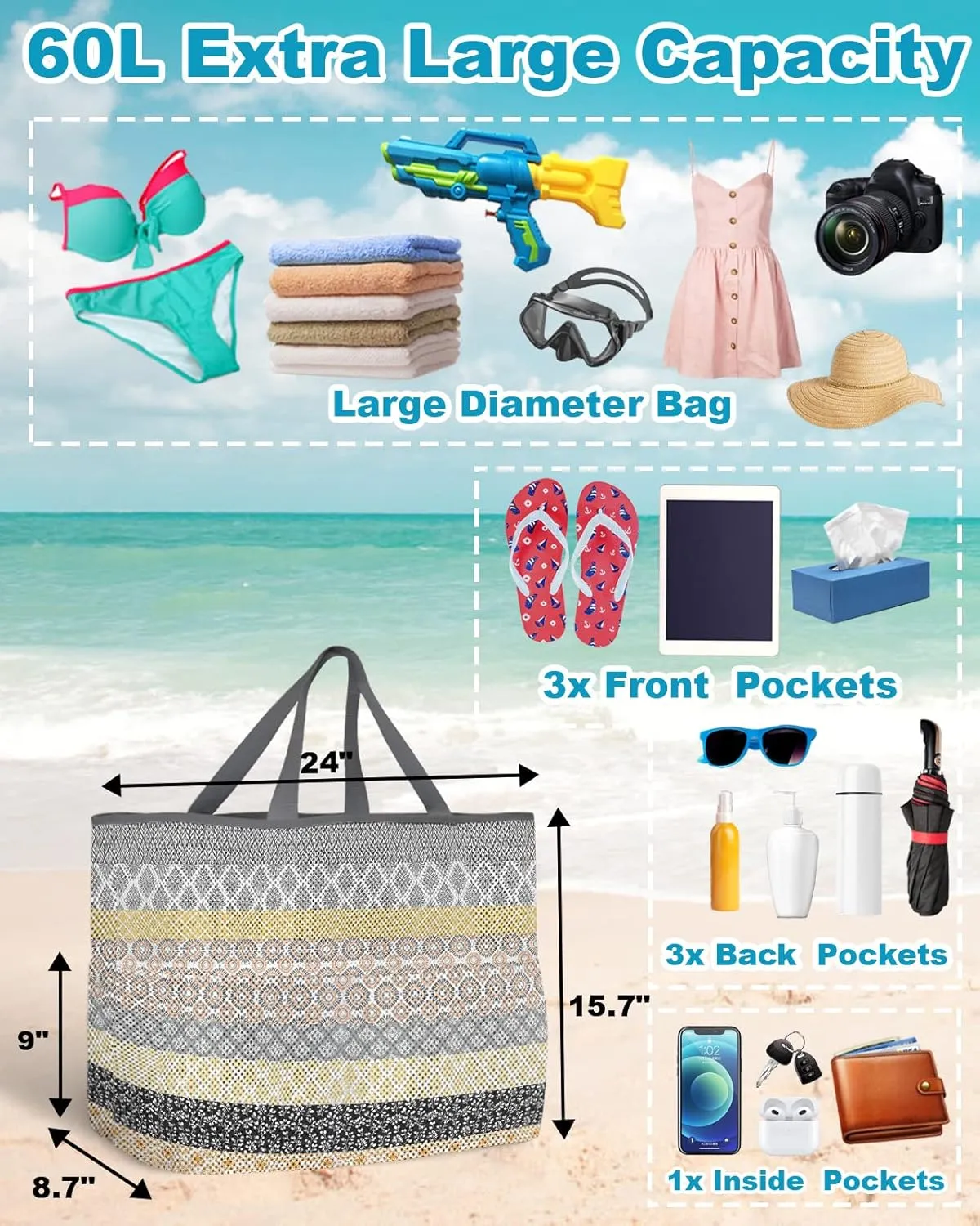 Mesh Beach Bag Oversized Tote Bags Boho Ethnic Yellow Gray Geometric Stripes Large Travel Pool Bags Tote Bags 8 Pockets