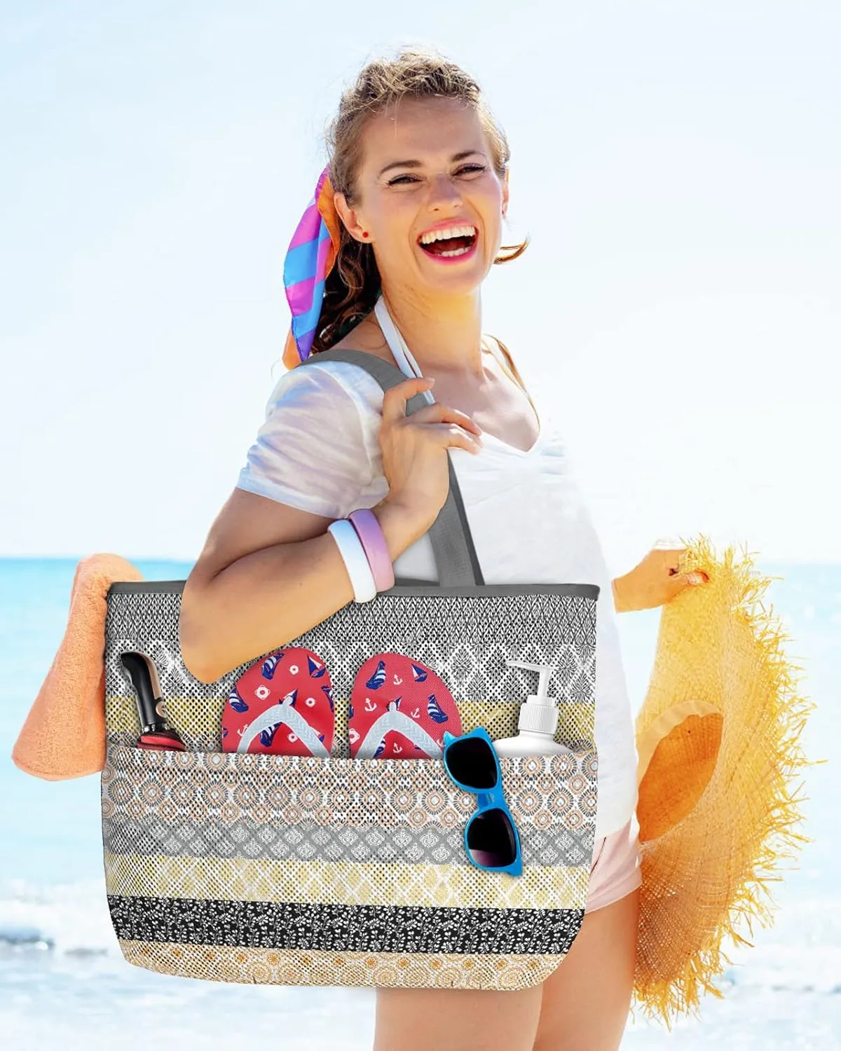 Mesh Beach Bag Oversized Tote Bags Boho Ethnic Yellow Gray Geometric Stripes Large Travel Pool Bags Tote Bags 8 Pockets