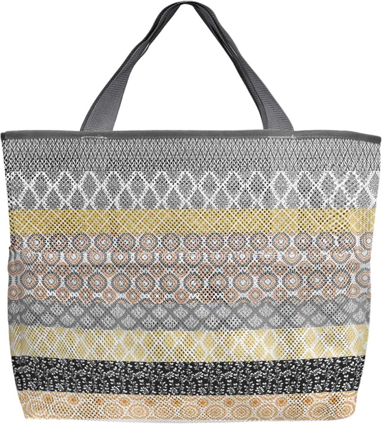 Mesh Beach Bag Oversized Tote Bags Boho Ethnic Yellow Gray Geometric Stripes Large Travel Pool Bags Tote Bags 8 Pockets