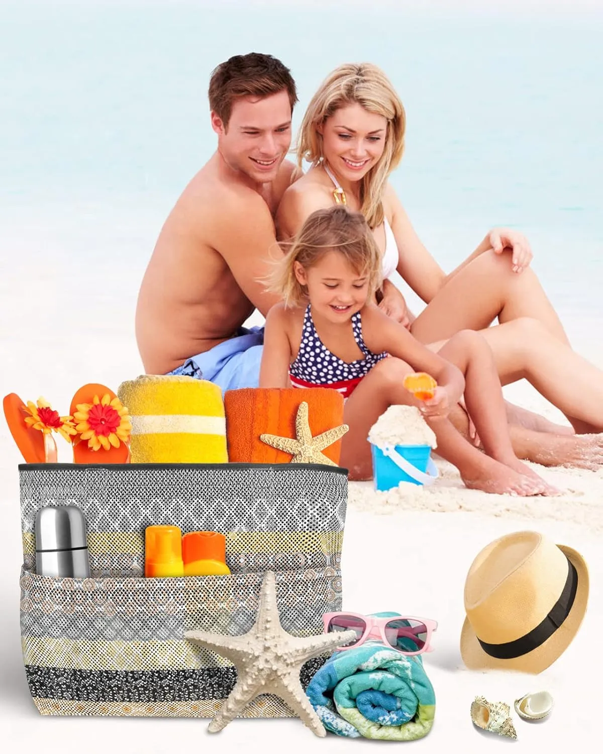 Mesh Beach Bag Oversized Tote Bags Boho Ethnic Yellow Gray Geometric Stripes Large Travel Pool Bags Tote Bags 8 Pockets