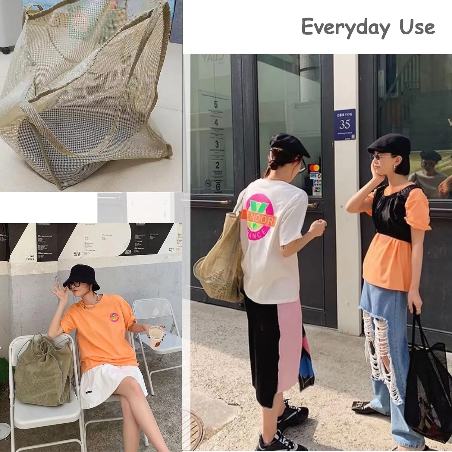 Mesh Beach Tote Bag for Sand Toys Kids Women Foldable Lightweight Durable Outdoor Shopping Travel Swim