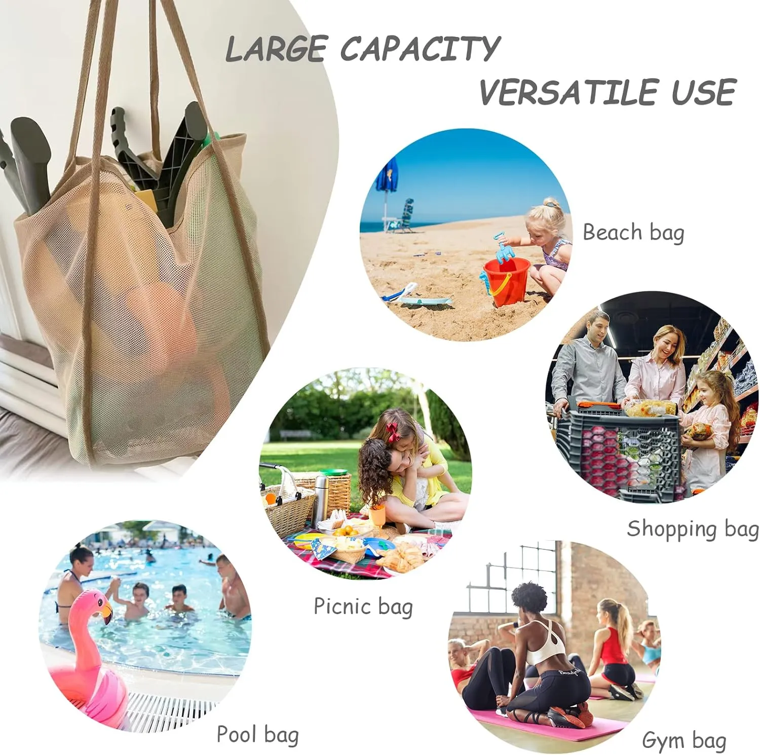 Mesh Beach Tote Bag for Sand Toys Kids Women Foldable Lightweight Durable Outdoor Shopping Travel Swim