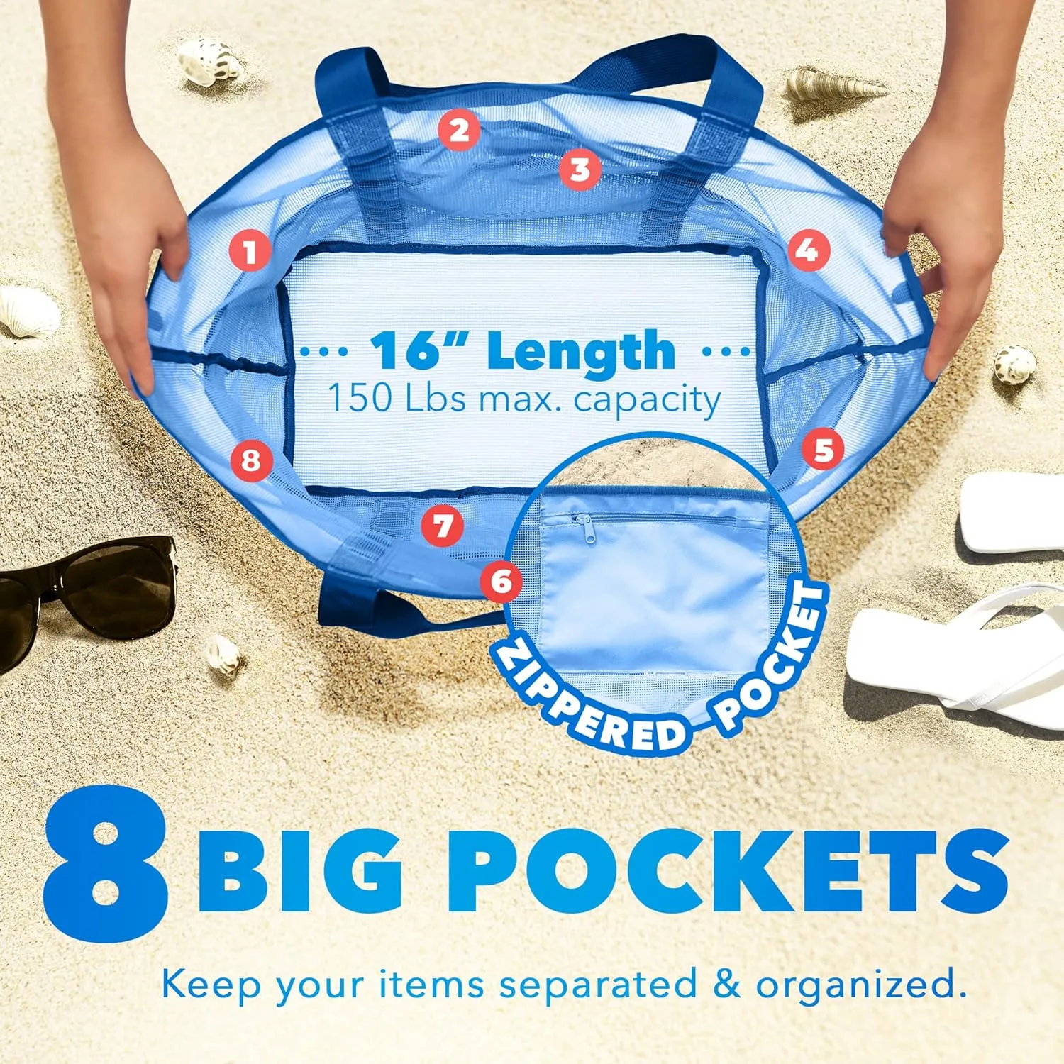 Mesh Sand Free Bag - Strong Lightweight Bag For Beach & Vacation Essentials. Tons of Storage!