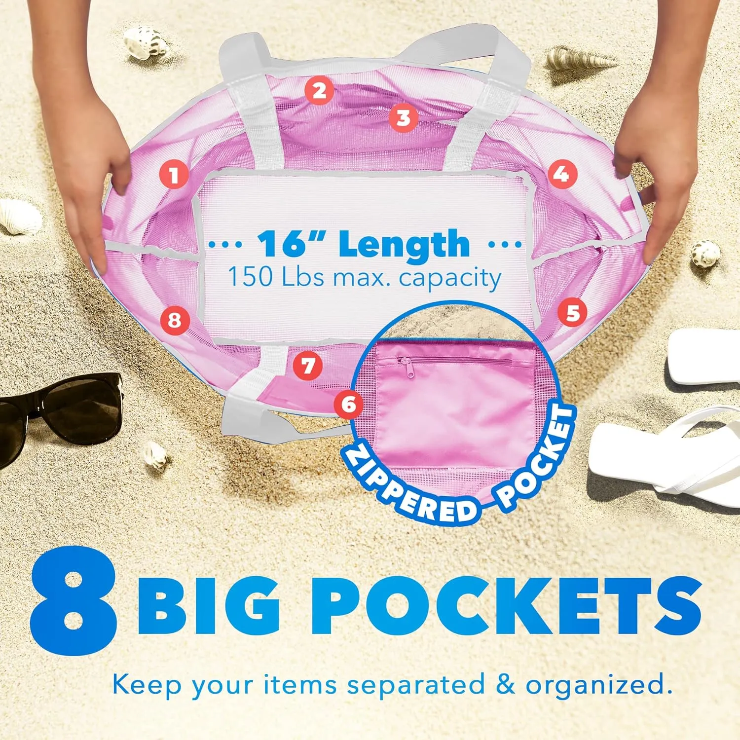 Mesh Sand Free Bag - Strong Lightweight Bag For Beach & Vacation Essentials. Tons of Storage!