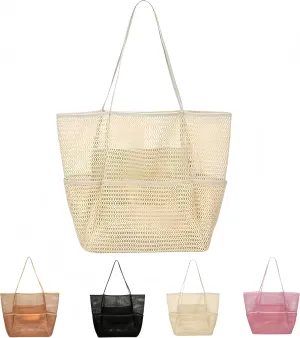 Mesh Women Beach Bag ，Beach Bag with Mini Pocket，Summer Mesh Hollow Shoulder Travel Bag Foldable Design for Pool