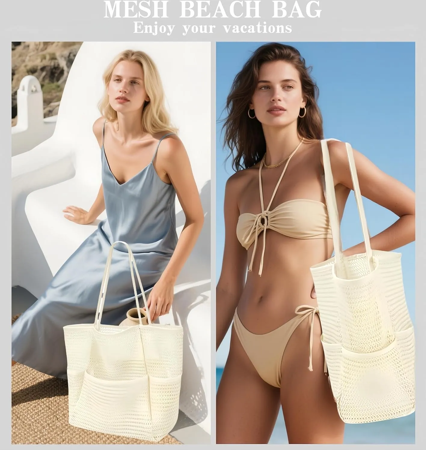 Mesh Women Beach Bag ，Beach Bag with Mini Pocket，Summer Mesh Hollow Shoulder Travel Bag Foldable Design for Pool