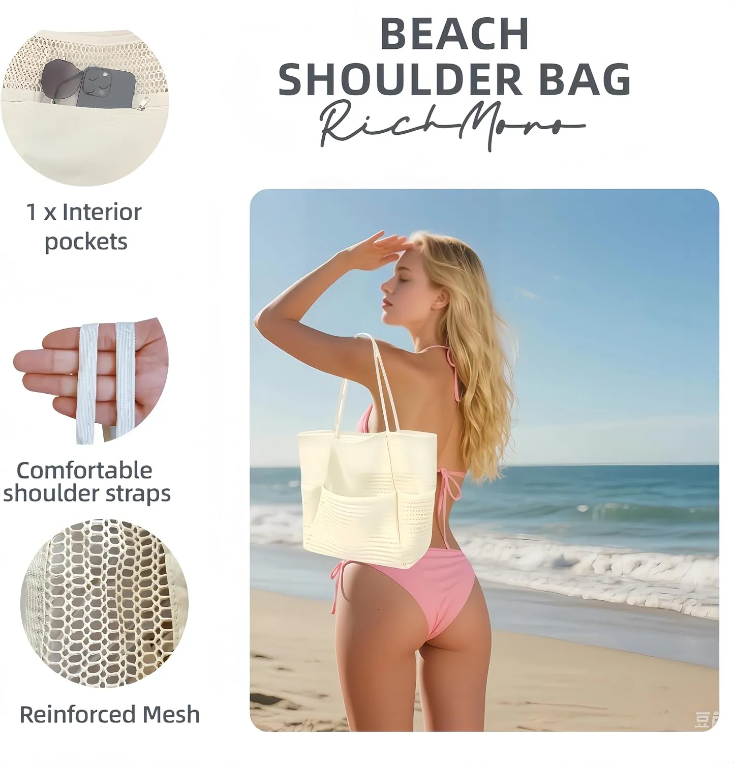 Mesh Women Beach Bag ，Beach Bag with Mini Pocket，Summer Mesh Hollow Shoulder Travel Bag Foldable Design for Pool