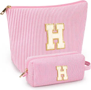 mibasies 2 PCS Initial Makeup Bags: Mothers Day Gifts for Women - Cosmetic Bag for Travel Toiletry - Gifts for 11 12 13 14 15 16 17 18 Years Old Teen Girl Gifts Graduation Teacher Gifts - Pink H