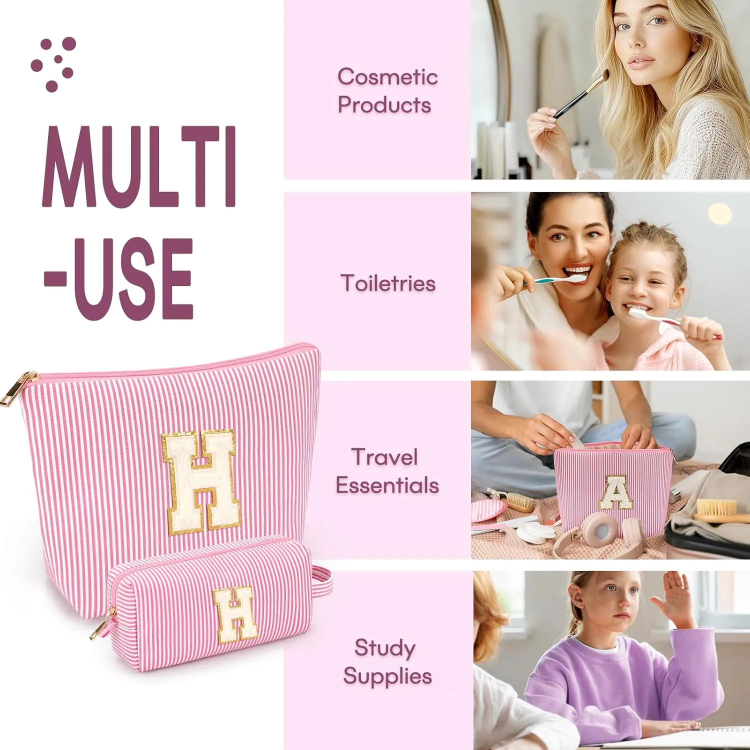 mibasies 2 PCS Initial Makeup Bags: Mothers Day Gifts for Women - Cosmetic Bag for Travel Toiletry - Gifts for 11 12 13 14 15 16 17 18 Years Old Teen Girl Gifts Graduation Teacher Gifts - Pink H