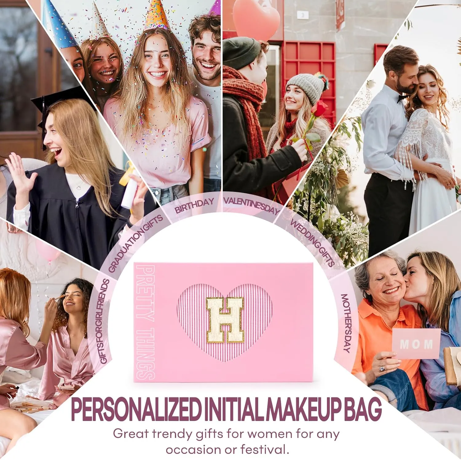 mibasies 2 PCS Initial Makeup Bags: Mothers Day Gifts for Women - Cosmetic Bag for Travel Toiletry - Gifts for 11 12 13 14 15 16 17 18 Years Old Teen Girl Gifts Graduation Teacher Gifts - Pink H