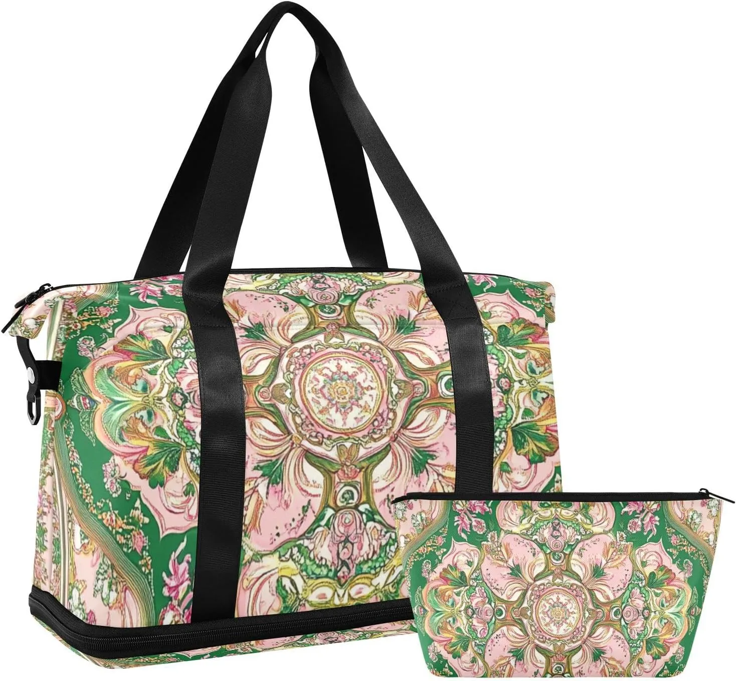 Middle Eastern Style Flora Pink and Green Gym Duffel Bag Gym Sports Carry with Adjustable Strap for Trekking 2 Pcs Set