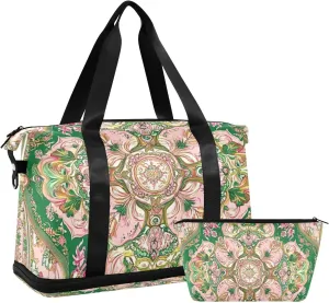 Middle Eastern Style Flora Pink and Green Gym Duffel Bag Gym Sports Carry with Adjustable Strap for Trekking 2 Pcs Set