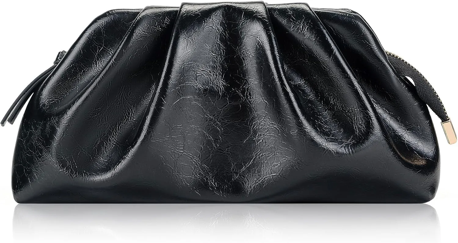 Milisente Vintage Cloud Evening Bag Shiny Crackle Pleated Zipper Clutch Purses for Women With Convertible Crossbody Strap