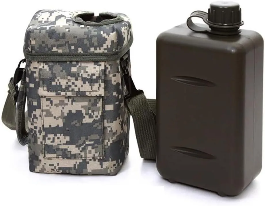 Military Canteen Camouflage PVC Water Bottle Portable Tactical Bottle Sports Water Bottle with Adjustable Shoulder Strap Large Capacity 2L Outdoor/Hunting/Hiking/Camping/Travelling