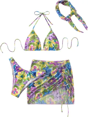 Milumia Women's 4 Piece Swimsuits Triangle Bikini Sets Bathing Suit with Mesh Cover Up Beach Skirt & Bandana