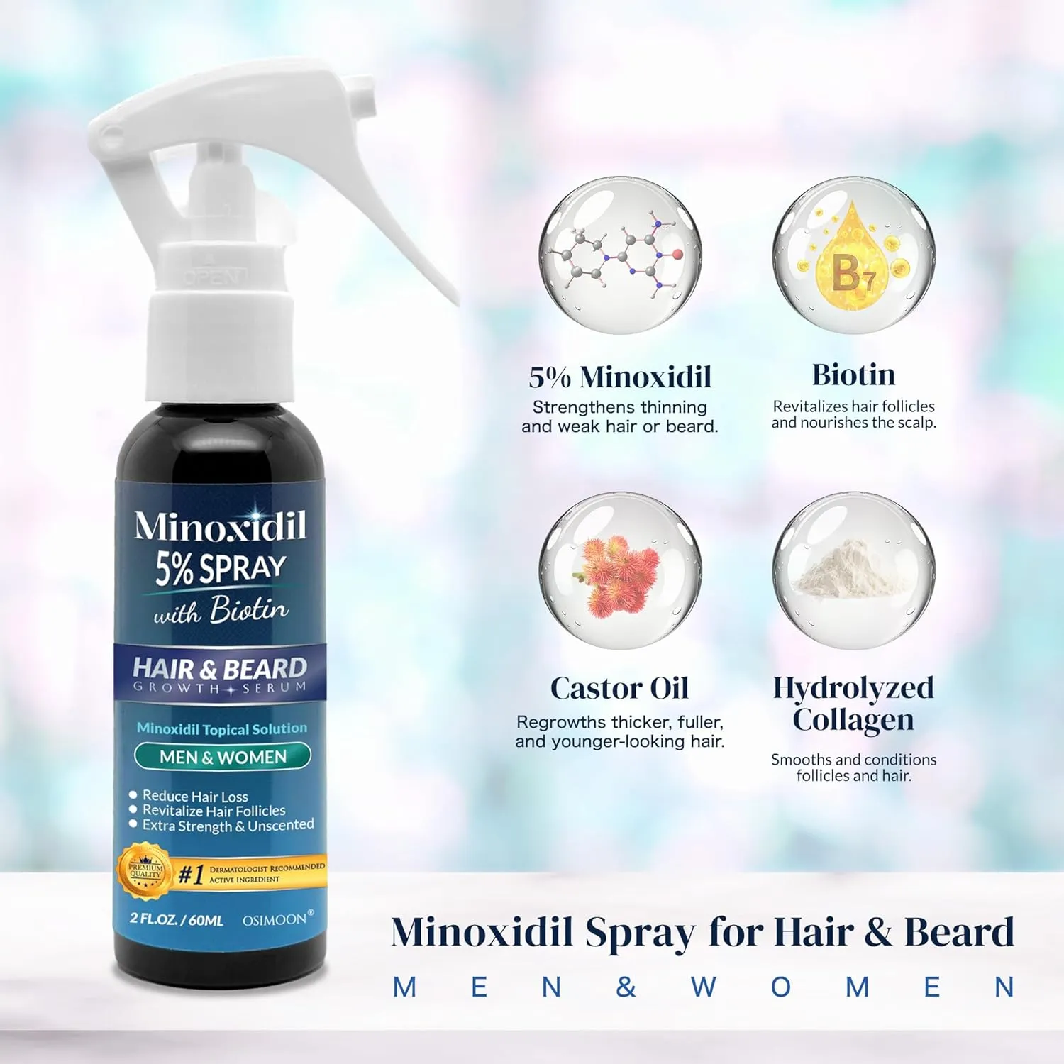 Minoxidil for Men Hair Regrowth, 5% Minoxidil for Women Hair Growth, Minoxidil 5 Percent Hair Growth Spray, Minoxidil 5% Beard Growth, Hair Growth Serum, Hair Loss Treatments for Women and Men (180ml)