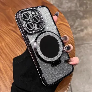 Mirror Kickstand Glitter Diamond Case for iPhone 15 14 13 12 Pro Max ,Magnetic Stand Holder ,Camera Lens Protector Compatible with Magsafe, Rhinesetone Bing Cover Case (Black,For iPhone 15 Pro Max)