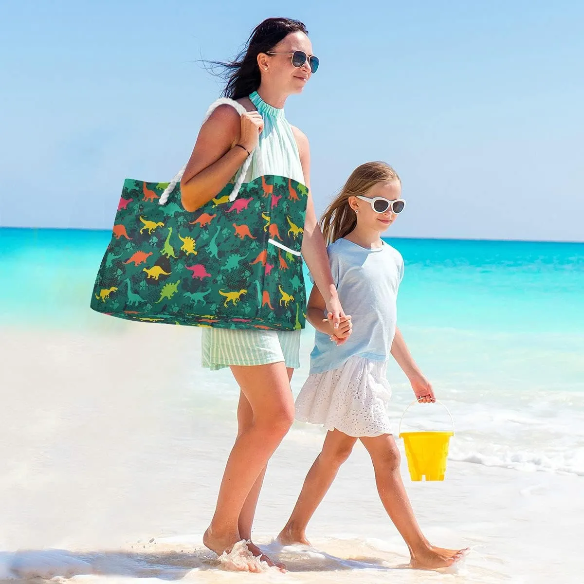 MNSRUU Large Beach Bag, Floral Cherry Blossoms And Branches Pink Tote Bag Travel Gym Bag with Waterproof Pocket Compartment