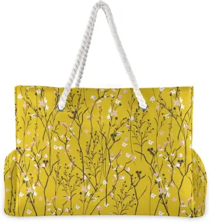MNSRUU Large Beach Bag, Floral Cherry Blossoms And Branches Pink Tote Bag Travel Gym Bag with Waterproof Pocket Compartment