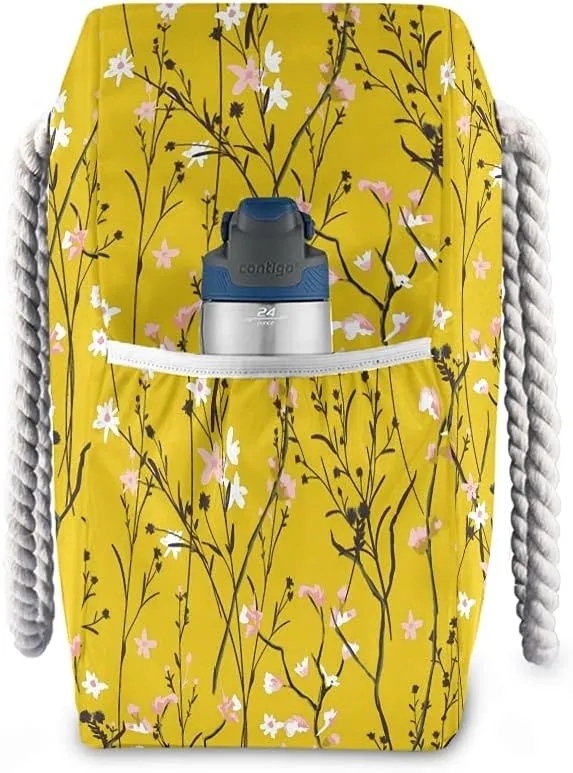 MNSRUU Large Beach Bag, Floral Cherry Blossoms And Branches Pink Tote Bag Travel Gym Bag with Waterproof Pocket Compartment