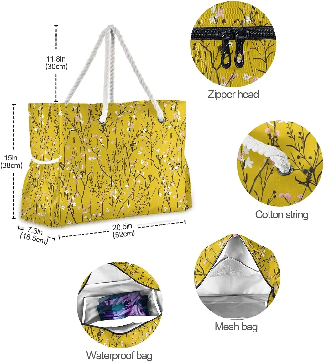 MNSRUU Large Beach Bag, Floral Cherry Blossoms And Branches Pink Tote Bag Travel Gym Bag with Waterproof Pocket Compartment