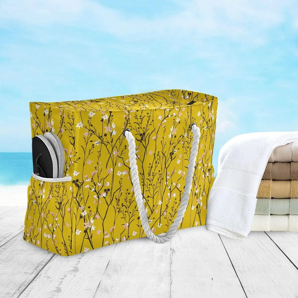 MNSRUU Large Beach Bag, Floral Cherry Blossoms And Branches Pink Tote Bag Travel Gym Bag with Waterproof Pocket Compartment