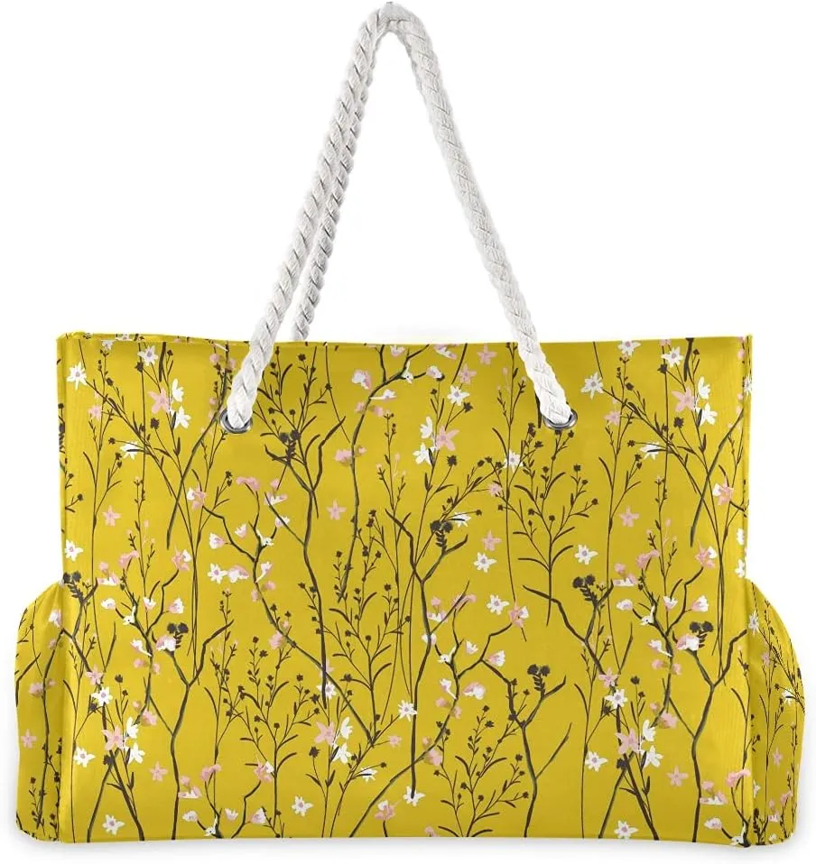 MNSRUU Large Beach Bag, Floral Cherry Blossoms And Branches Pink Tote Bag Travel Gym Bag with Waterproof Pocket Compartment