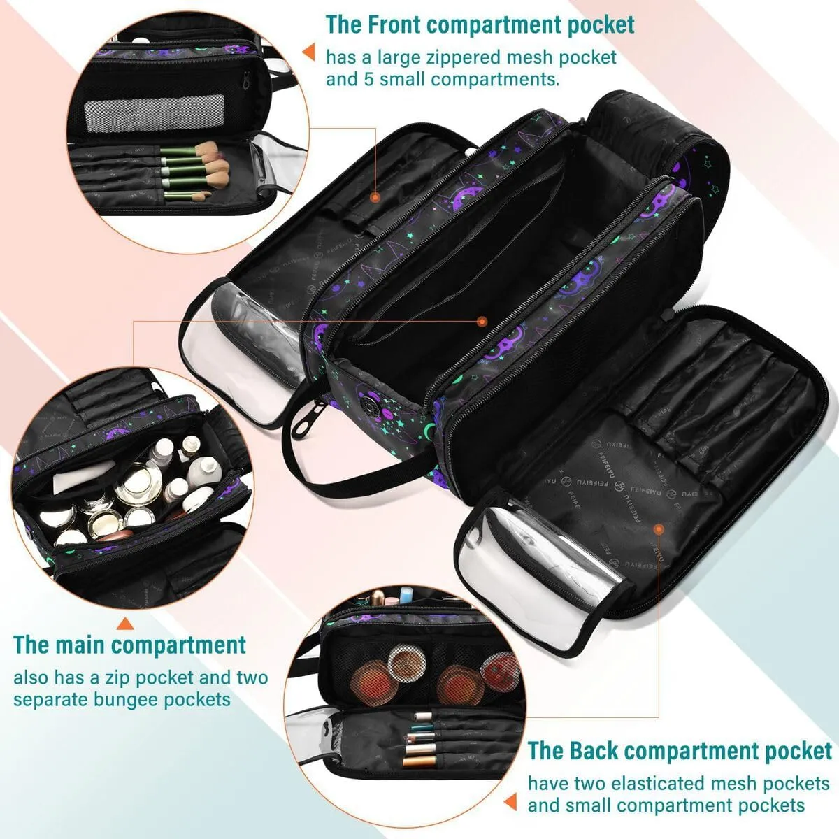 MNSRUU Travel Makeup Bag,Cat Skulls Makeup Bag Travel Toiletry Bag Large Capacity Cosmetic Bag Organizer, Portable Travel Toiletries Bag for Travel Size