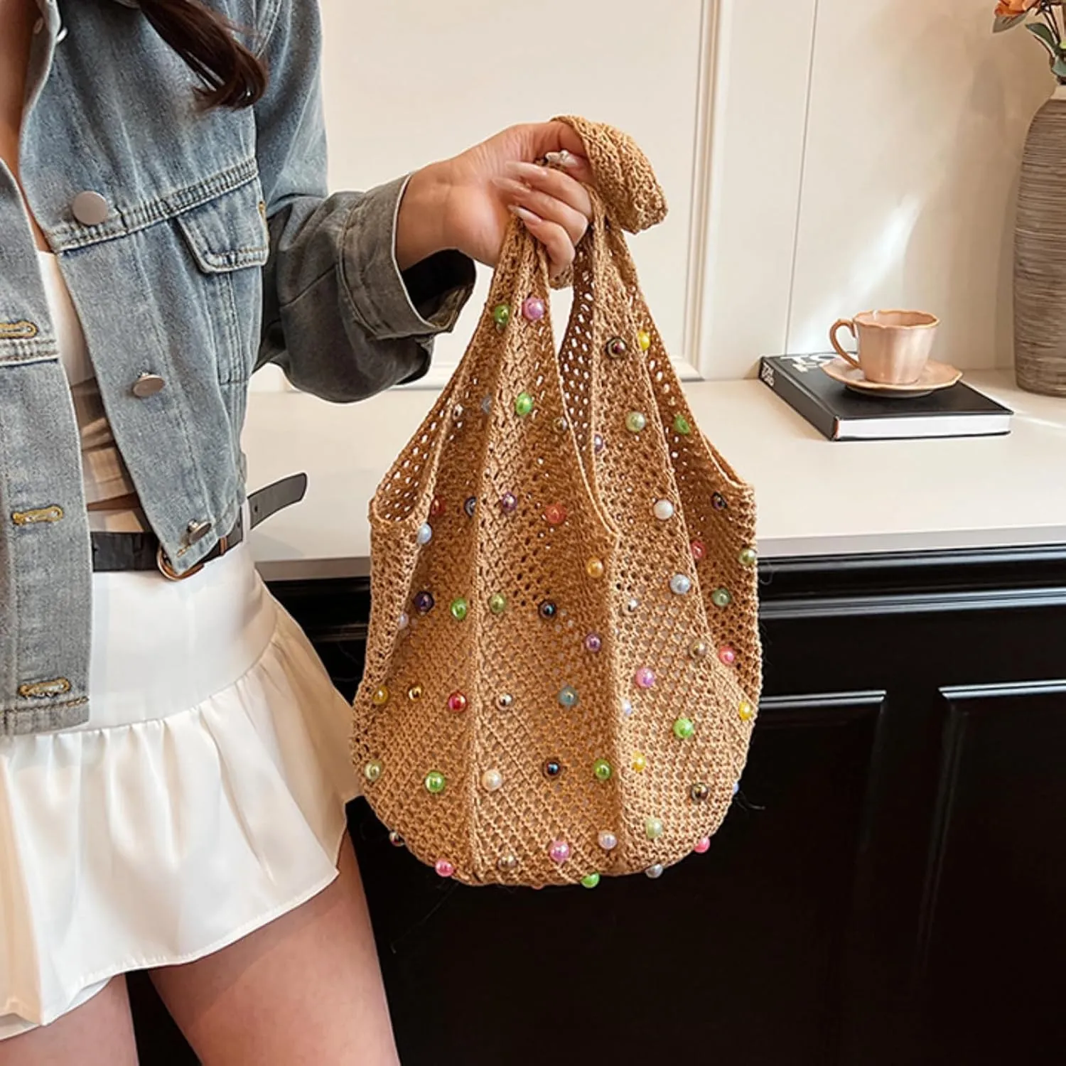 MOLERFO Crochet Pearl Mesh Tote Bag Y2k Accessories Hobo Bag Knit Bags Beach Shoulder Handbags for Women Travel Vacation