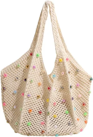 MOLERFO Crochet Pearl Mesh Tote Bag Y2k Accessories Hobo Bag Knit Bags Beach Shoulder Handbags for Women Travel Vacation
