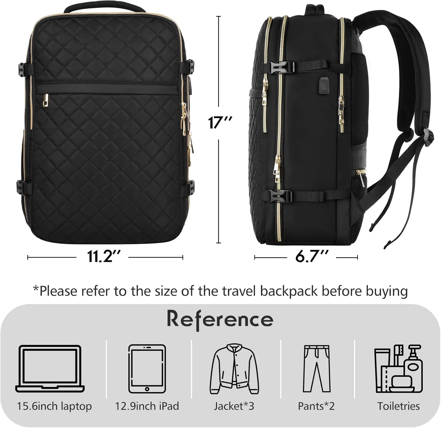 MOMUVO Travel Backpack for Women, Carry On Backpack Airline Approved, 15.6 Inch Laptop Backpack with USB Charging Port, Casual Daypack for Weekender Business College, Black