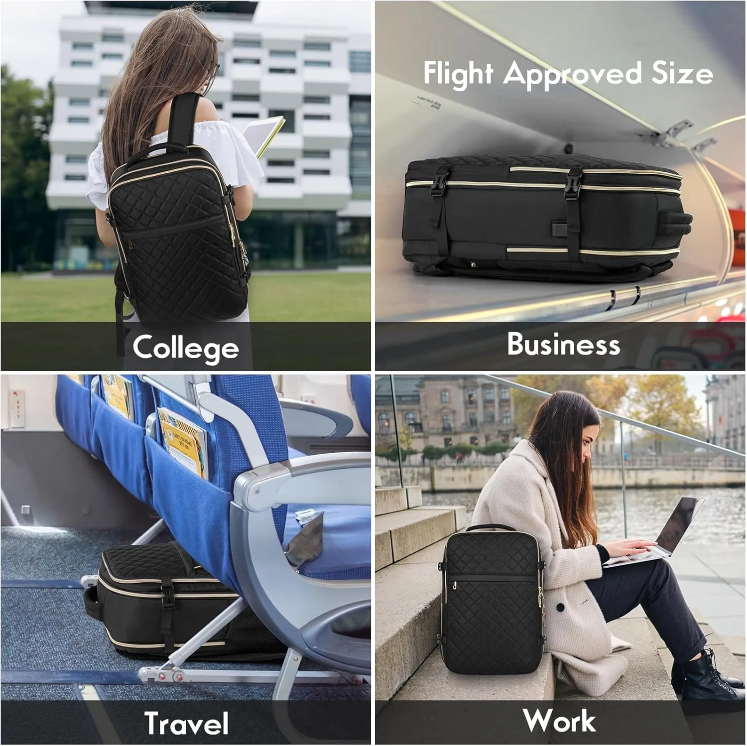 MOMUVO Travel Backpack for Women, Carry On Backpack Airline Approved, 15.6 Inch Laptop Backpack with USB Charging Port, Casual Daypack for Weekender Business College, Black