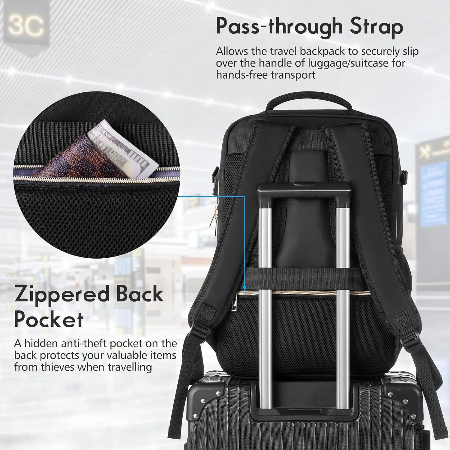 MOMUVO Travel Backpack for Women, Carry On Backpack Airline Approved, 15.6 Inch Laptop Backpack with USB Charging Port, Casual Daypack for Weekender Business College, Black