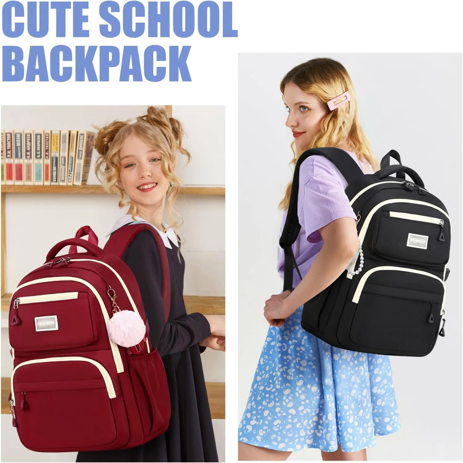 MOONBABY Girls Backpack Women Fashion Laptop Backpack Multiple Pockets Aesthetic Bookbag for Middle High School College Travel Work, Black (with Pom Pom Keychain)